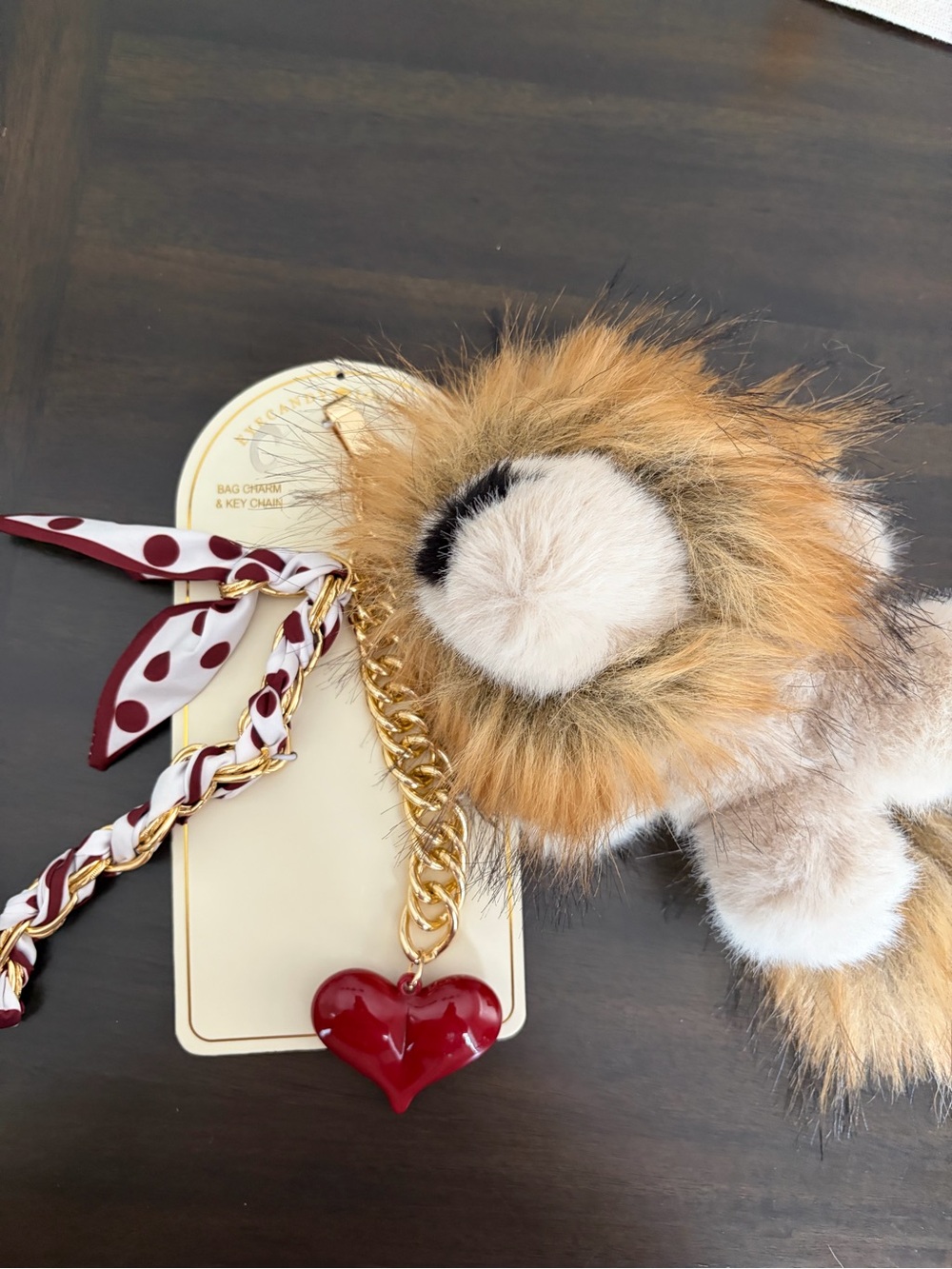 EYE CANDY brand Faux Plush Lion Keychain Charm with Red Heart Accent
